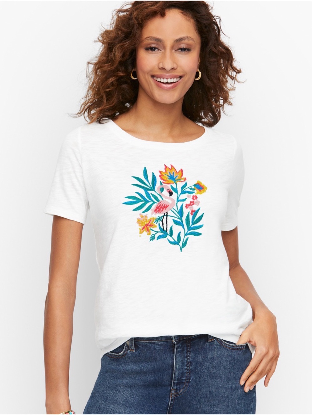Talbots Tee Women's Size XL Cotton White Embroidered Floral Short Sleeve Top NWT